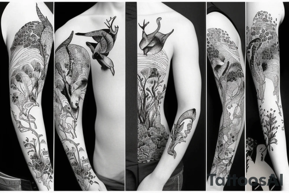 Sleeve with animals, forest, mountains tattoo idea