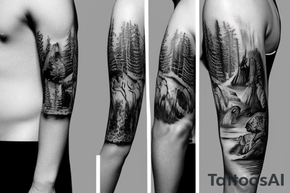 Sleeve with animals, forest, mountains tattoo idea