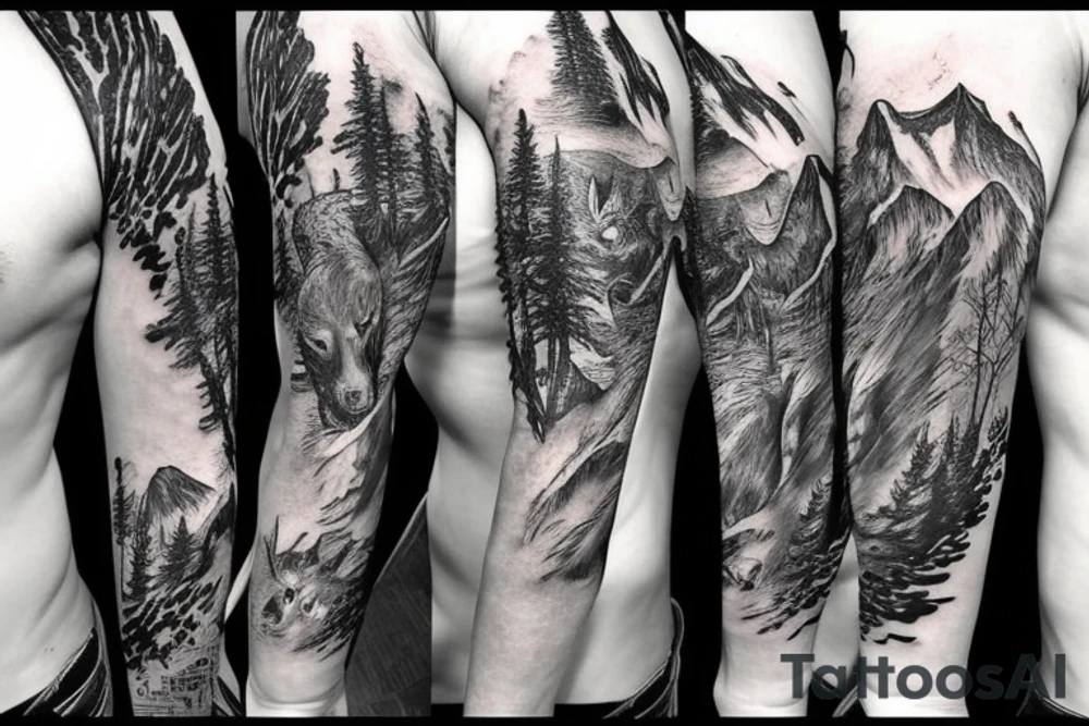 Sleeve with animals, forest, mountains tattoo idea