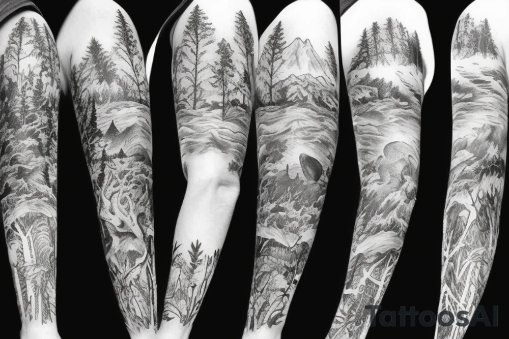 Sleeve with animals, forest, mountains tattoo idea