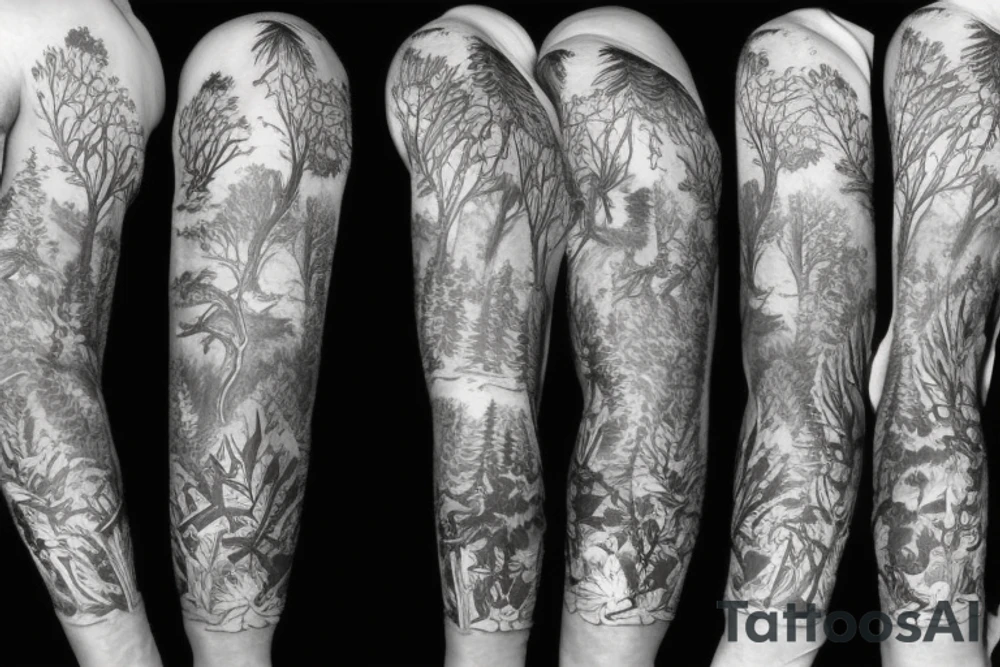 Sleeve with animals, forest, mountains tattoo idea