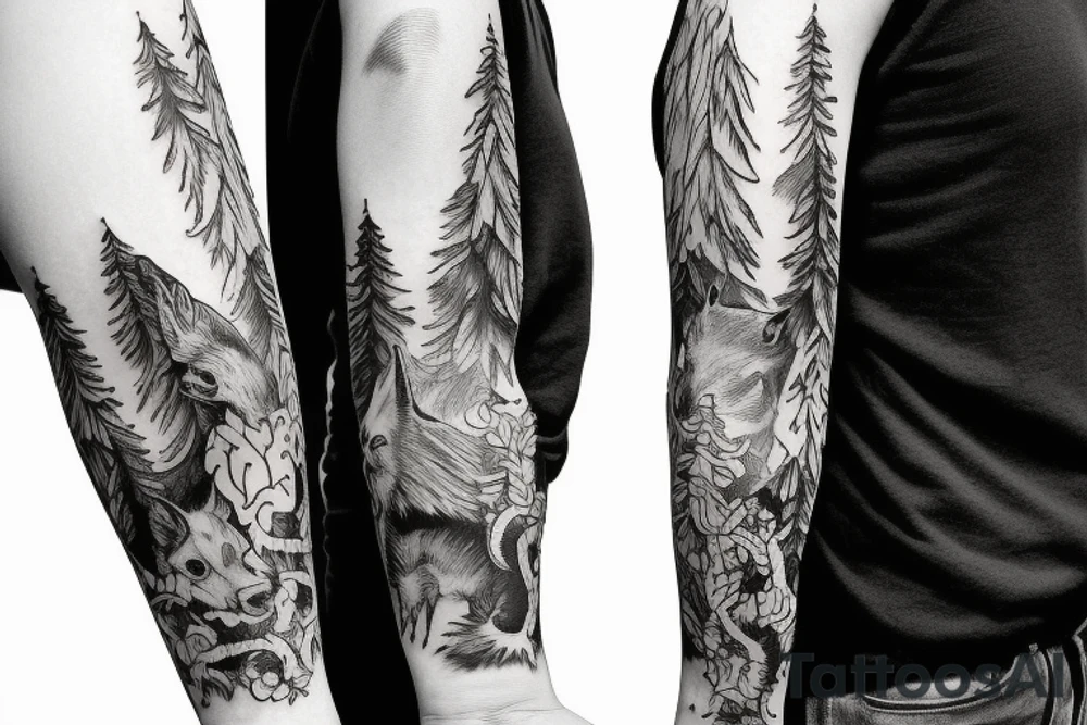 Sleeve with animals, forest, mountains tattoo idea
