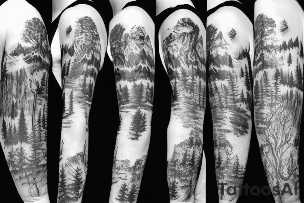 Sleeve with animals, forest, mountains tattoo idea