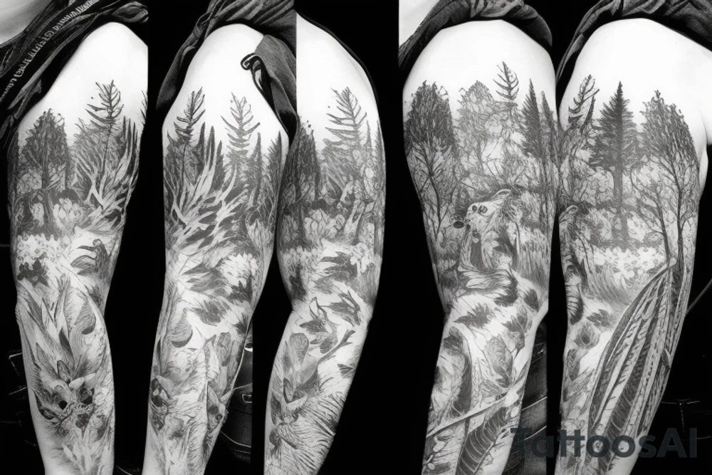 Sleeve with animals, forest, mountains tattoo idea