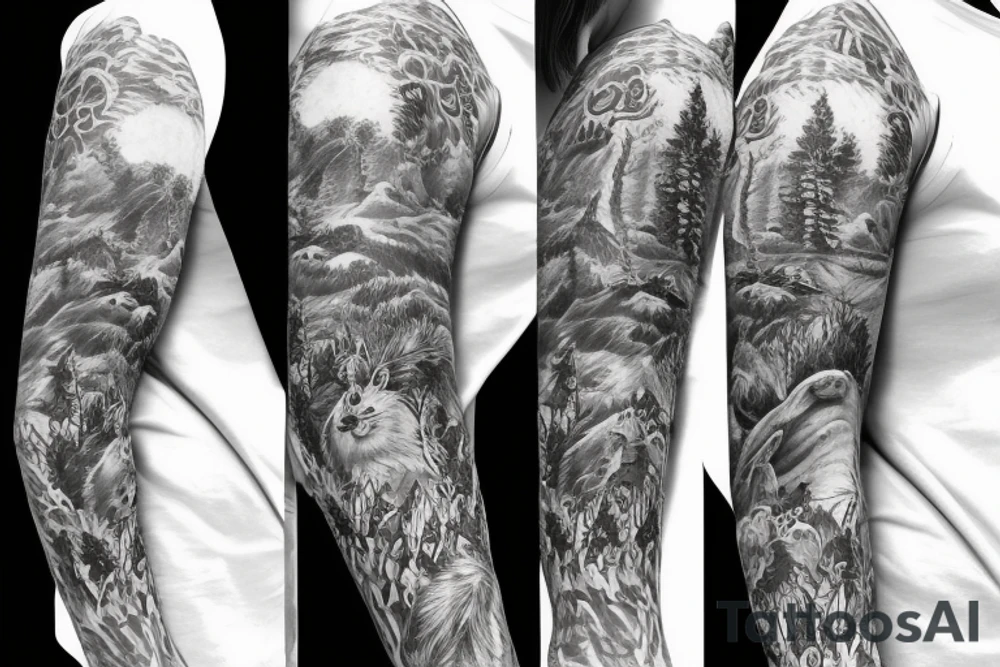 Sleeve with animals, forest, mountains tattoo idea