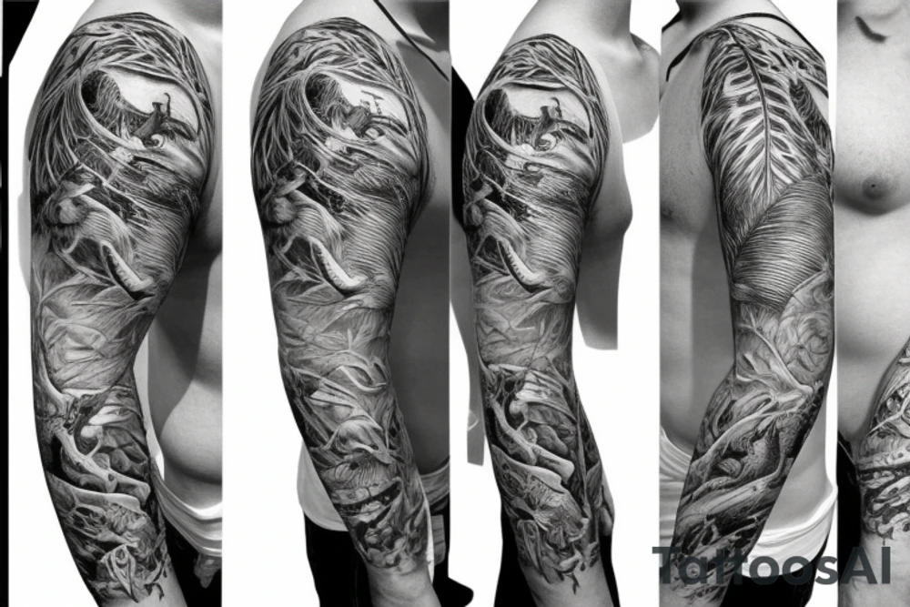 Sleeve with animals, forest, mountains tattoo idea