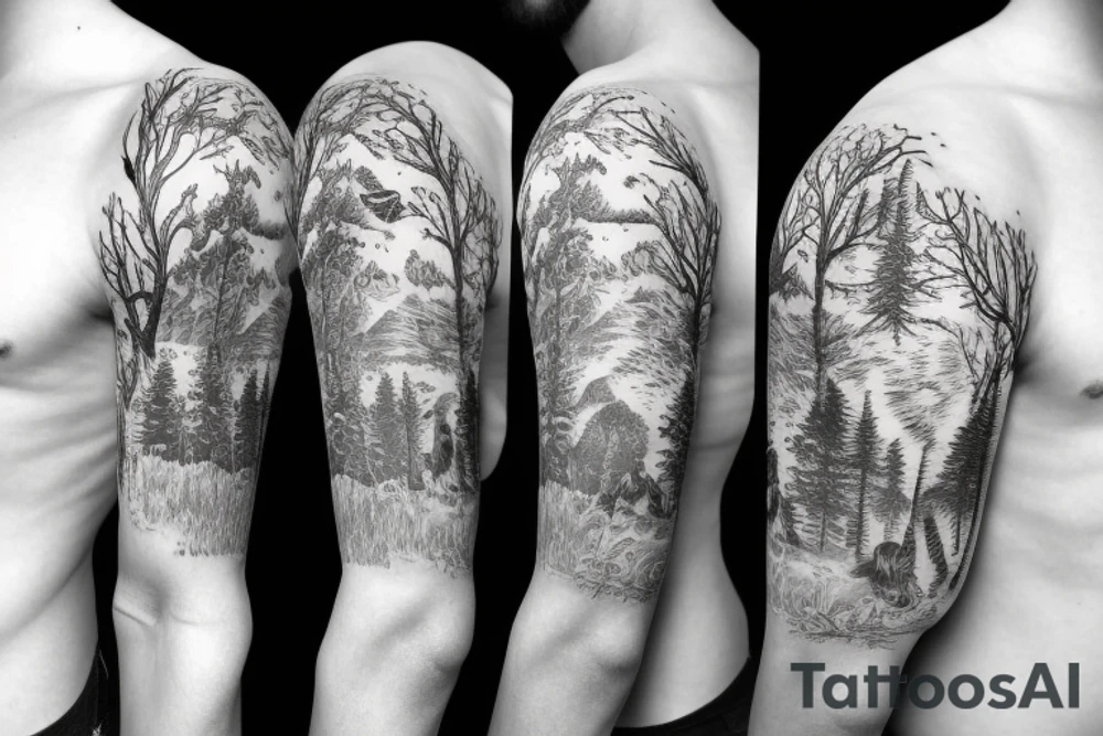 Sleeve with animals, forest, mountains tattoo idea