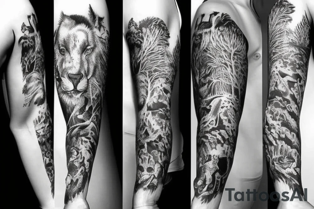 Sleeve with animals, forest, mountains tattoo idea