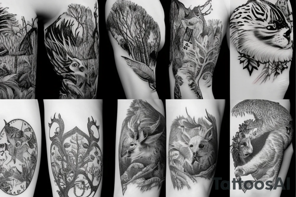 Sleeve with animals, forest, mountains tattoo idea