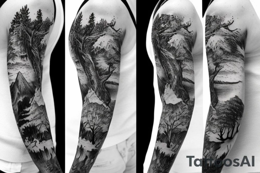 Sleeve with animals, forest, mountains tattoo idea