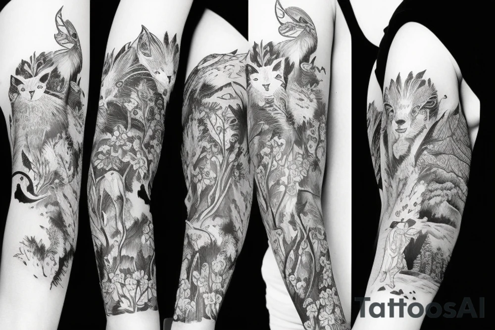 Sleeve with animals, forest, mountains tattoo idea