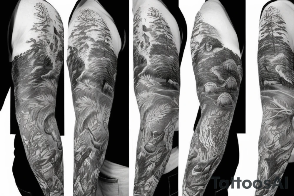 Sleeve with animals, forest, mountains tattoo idea