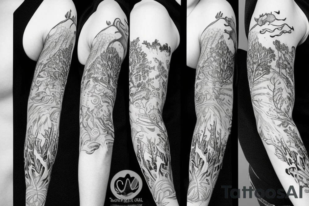 Sleeve with animals, forest, mountains tattoo idea