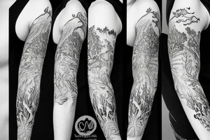Sleeve with animals, forest, mountains tattoo idea