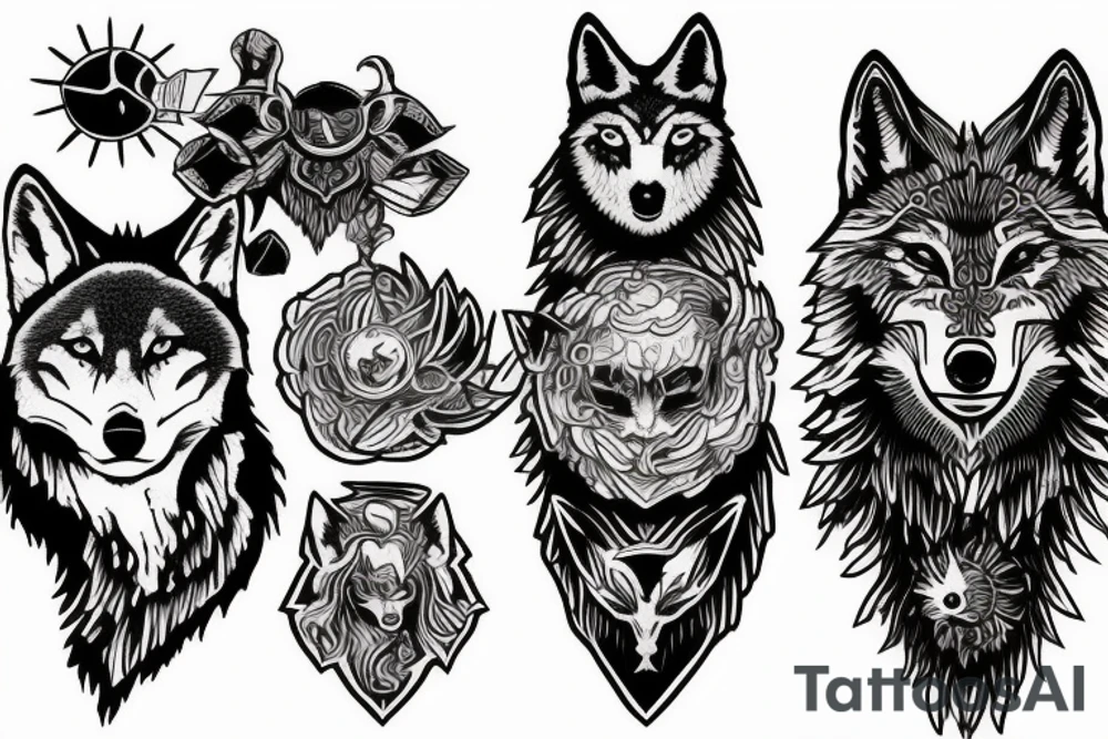 A Gaia figure and two wolves with evolution themed accessories tattoo idea