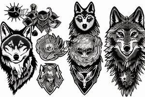 A Gaia figure and two wolves with evolution themed accessories tattoo idea