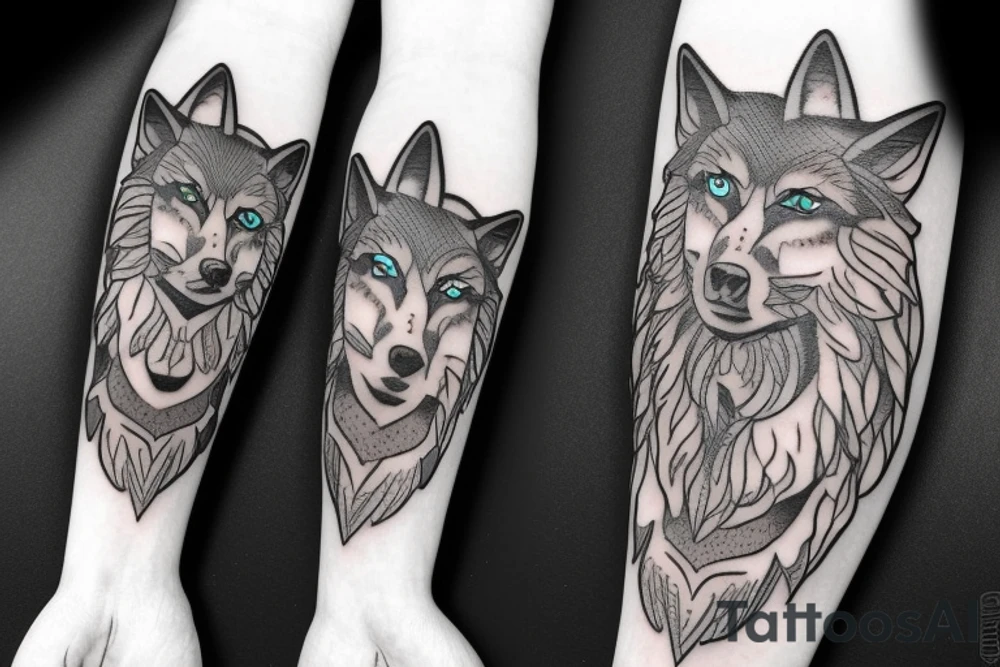 A Gaia figure and two wolves with evolution themed accessories tattoo idea