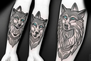 A Gaia figure and two wolves with evolution themed accessories tattoo idea
