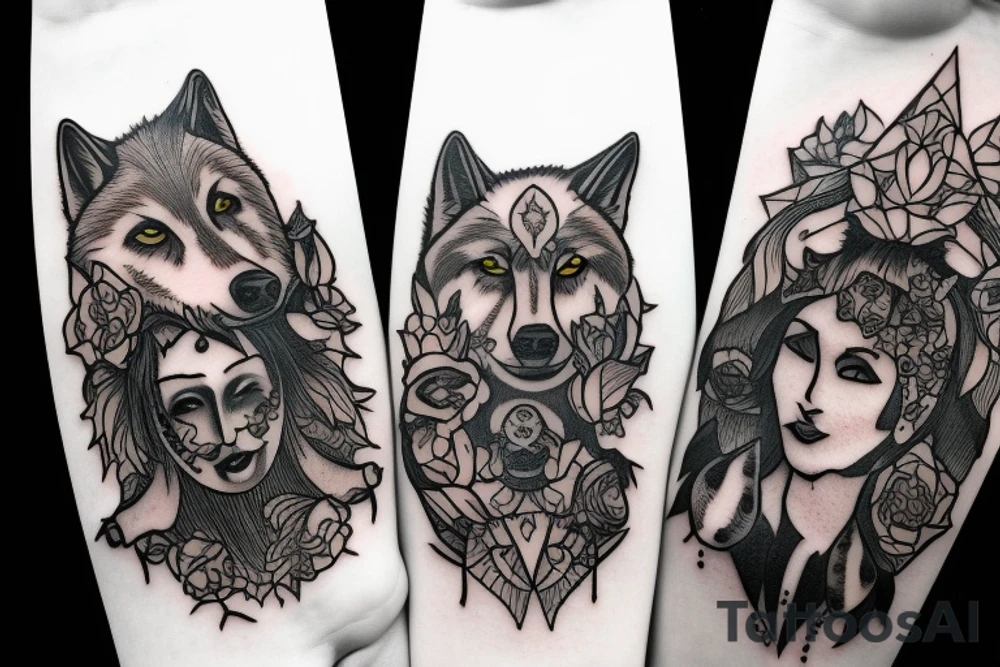 A Gaia figure with two wolves tattoo idea