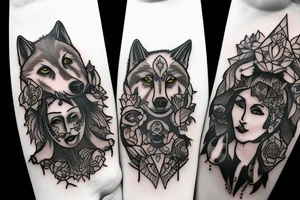 A Gaia figure with two wolves tattoo idea