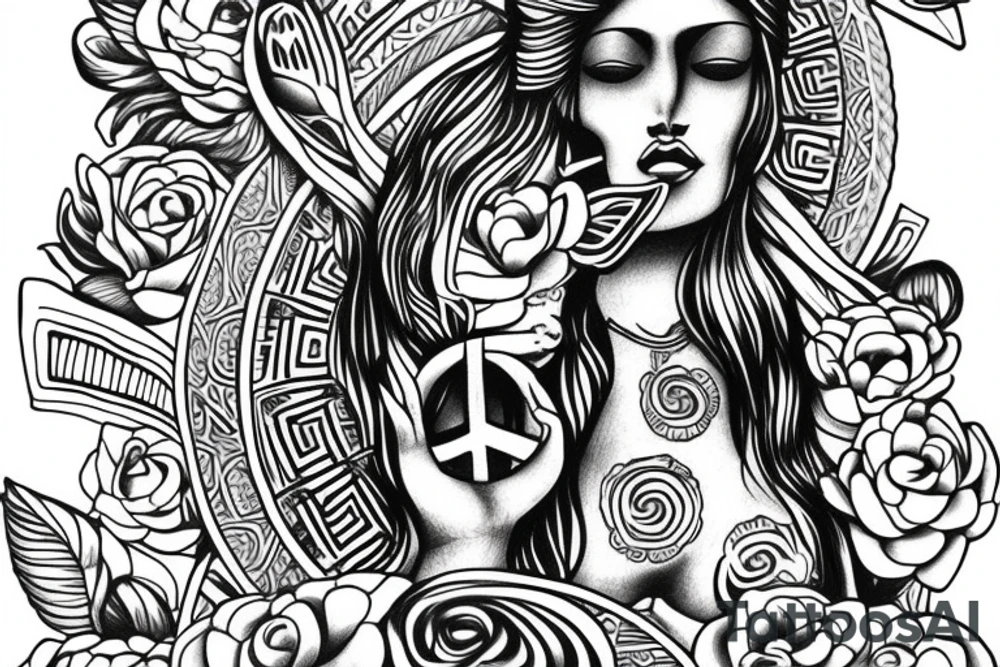 Mother earth Goddess with other spiritual symbols, peace live and growth yo renewed life tattoo idea