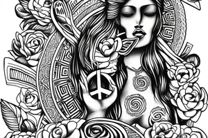 Mother earth Goddess with other spiritual symbols, peace live and growth yo renewed life tattoo idea