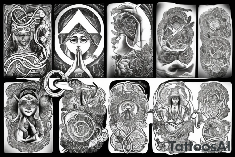 Mother earth Goddess with other spiritual symbols, peace live and growth yo renewed life tattoo idea