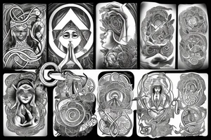 Mother earth Goddess with other spiritual symbols, peace live and growth yo renewed life tattoo idea