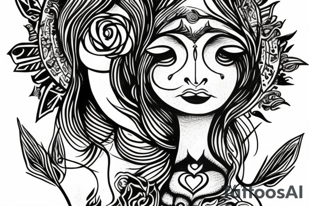 Goddess  of love to serve others with other spiritual symbols, peace live and growth to renewed life tattoo idea