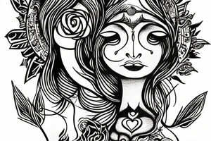 Goddess  of love to serve others with other spiritual symbols, peace live and growth to renewed life tattoo idea
