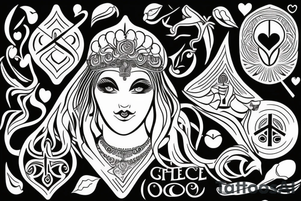 Goddess  of love to serve others with other spiritual symbols, peace live and growth to renewed life tattoo idea