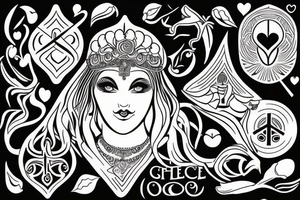 Goddess  of love to serve others with other spiritual symbols, peace live and growth to renewed life tattoo idea