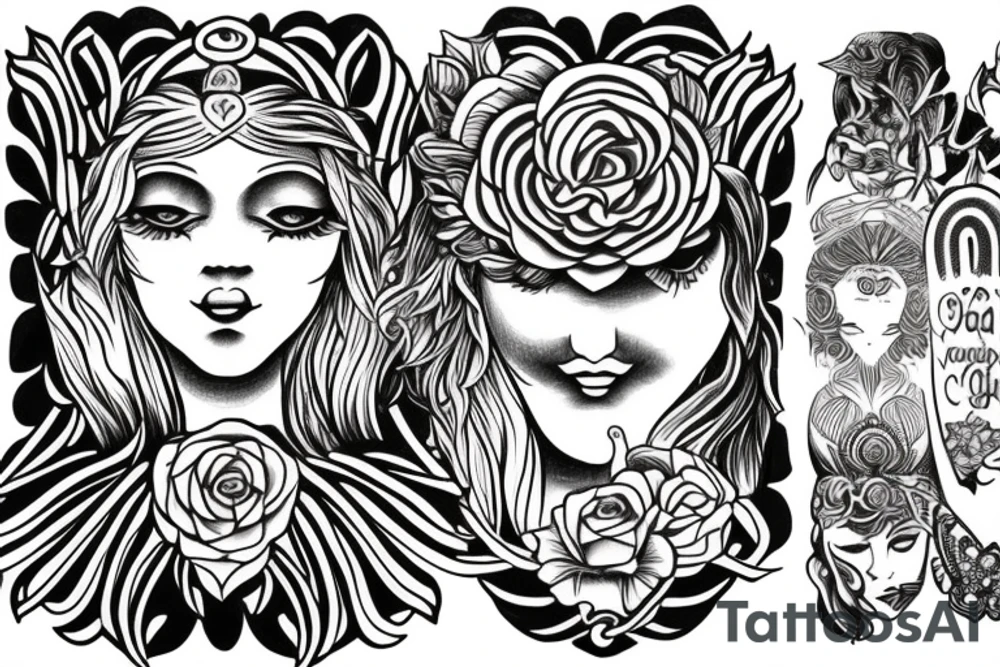 Goddess of love to serve others with other spiritual symbols, peace live and growth to renewed life tattoo idea