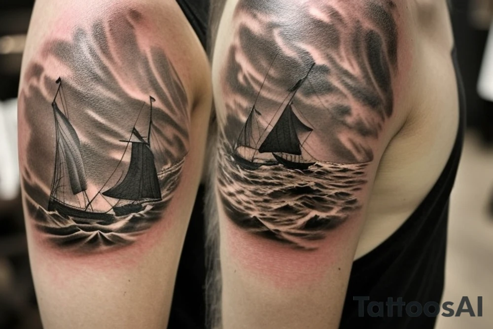 Create a brown ink tattoo design in a landscape orientation, meant to be placed on a shoulder blade. The tattoo should depict Odysseus, the legendary Greek hero, standing confidently on his ship as it sails through the sea. The scene should evoke a sense of adventure and cunning, characteristic of Odysseus. In the background, a large, ominous shadow of a Cyclops looms, symbolizing the challenges and dangers faced during his journey. The design should have an ancient Greek aesthetic, with intricate details on the ship and Odysseus' attire. tattoo idea