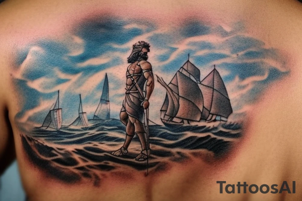 Create a brown ink tattoo design in a landscape orientation, meant to be placed on a shoulder blade. The tattoo should depict Odysseus, the legendary Greek hero, standing confidently on his ship as it sails through the sea. The scene should evoke a sense of adventure and cunning, characteristic of Odysseus. In the background, a large, ominous shadow of a Cyclops looms, symbolizing the challenges and dangers faced during his journey. The design should have an ancient Greek aesthetic, with intricate details on the ship and Odysseus' attire. tattoo idea