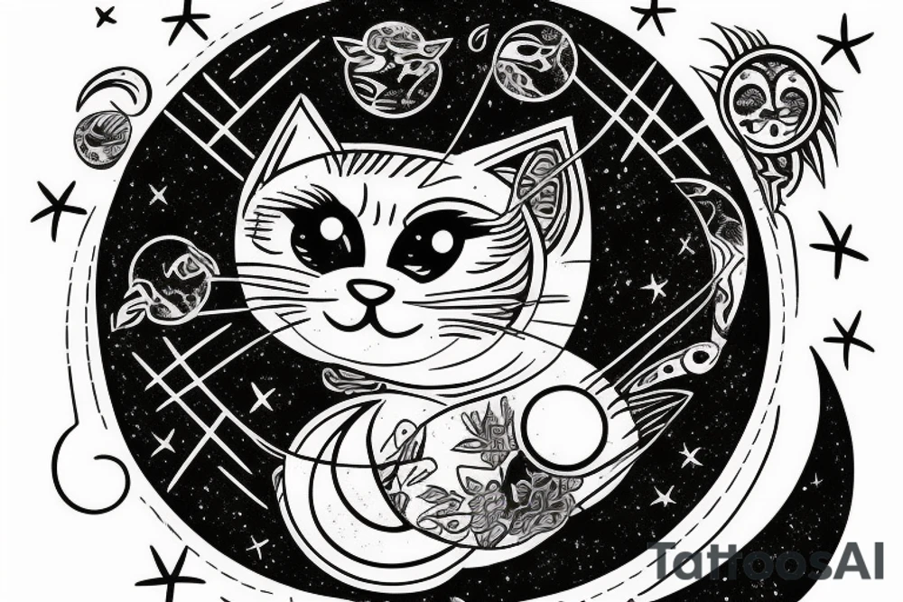 Wide Eyed Kitten sitting on the Moon, thw Moon is made out of  cage tattoo idea