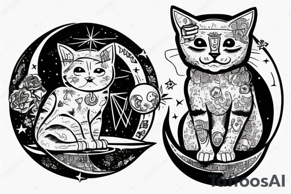 Wide Eyed Kitten sitting on the Moon, thw Moon is made out of  cage tattoo idea