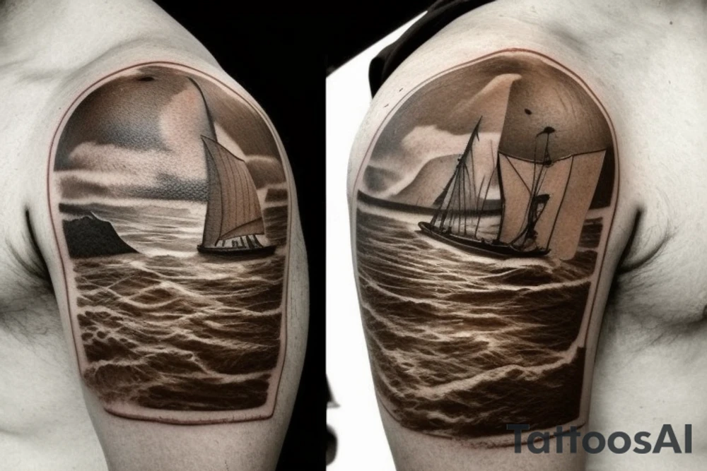 Create a brown ink tattoo design in a landscape orientation, meant to be placed on a shoulder blade. The tattoo should depict Odysseus, the legendary Greek hero, standing confidently on his ship as it sails through the sea. The scene should evoke a sense of adventure and cunning, characteristic of Odysseus. In the background, a large, ominous shadow of a Cyclops looms, symbolizing the challenges and dangers faced during his journey. The design should have an ancient Greek aesthetic, with intricate details on the ship and Odysseus' attire. tattoo idea