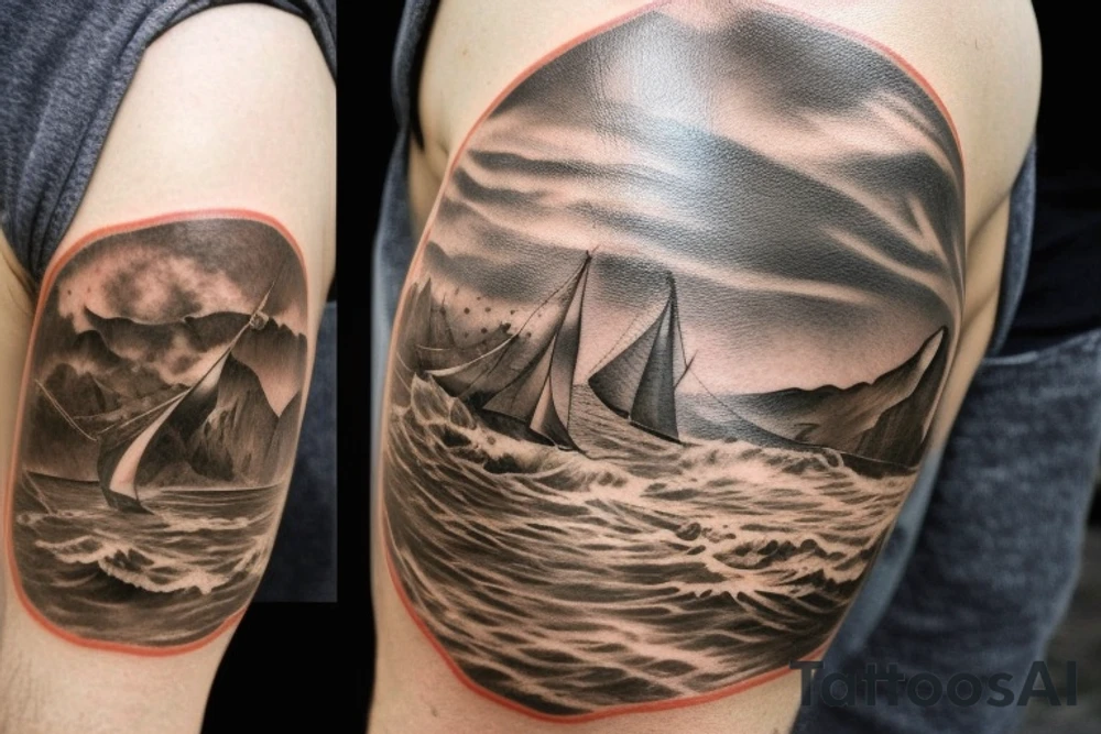 Create a brown ink tattoo design in a landscape orientation, meant to be placed on a shoulder blade. The tattoo should depict Odysseus, the legendary Greek hero, standing confidently on his ship as it sails through the sea. The scene should evoke a sense of adventure and cunning, characteristic of Odysseus. In the background, a large, ominous shadow of a Cyclops looms, symbolizing the challenges and dangers faced during his journey. The design should have an ancient Greek aesthetic, with intricate details on the ship and Odysseus' attire. tattoo idea