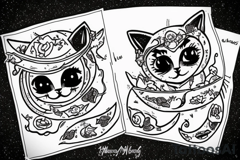 Wide Eyed Kitten sitting on the Moon, thw Moon is made out of  cage tattoo idea