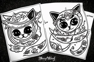 Wide Eyed Kitten sitting on the Moon, thw Moon is made out of  cage tattoo idea