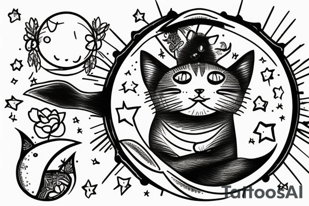 Wide Eyed Kitten sitting on the Moon, thw Moon is made out of  cage tattoo idea