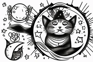 Wide Eyed Kitten sitting on the Moon, thw Moon is made out of  cage tattoo idea