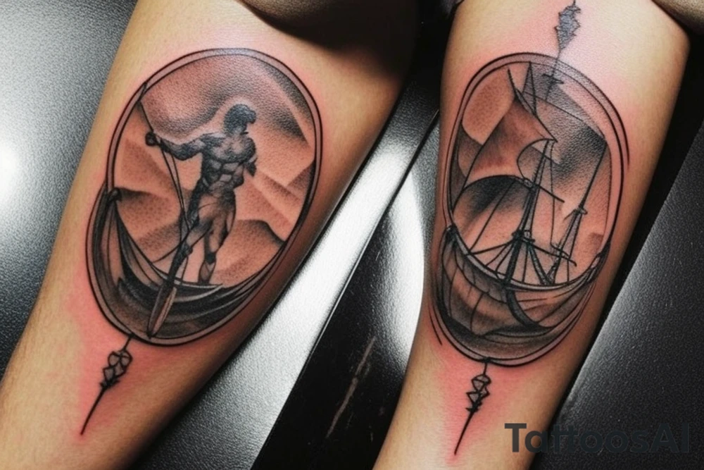 Create a brown ink tattoo design in a landscape orientation, meant to be placed on a shoulder blade. The tattoo should depict Odysseus, the legendary Greek hero, standing confidently on his ship as it sails through the sea. The scene should evoke a sense of adventure and cunning, characteristic of Odysseus. In the background, a large, ominous shadow of a Cyclops looms, symbolizing the challenges and dangers faced during his journey. The design should have an ancient Greek aesthetic, with intricate details on the ship and Odysseus' attire. tattoo idea