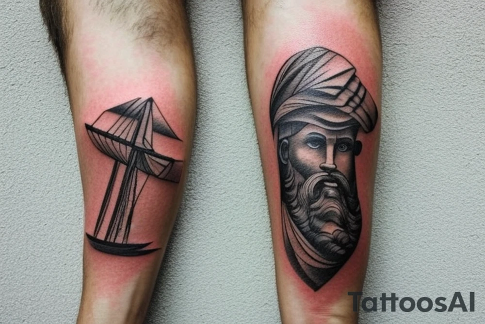 Create a brown ink tattoo design in a landscape orientation, meant to be placed on a shoulder blade. The tattoo should depict Odysseus, the legendary Greek hero, standing confidently on his ship as it sails through the sea. The scene should evoke a sense of adventure and cunning, characteristic of Odysseus. In the background, a large, ominous shadow of a Cyclops looms, symbolizing the challenges and dangers faced during his journey. The design should have an ancient Greek aesthetic, with intricate details on the ship and Odysseus' attire. tattoo idea