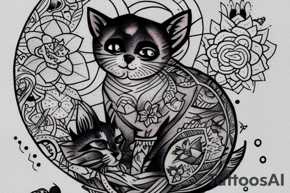Wide Eyed Kitten sitting on the Moon, thw Moon is made out of  cage tattoo idea
