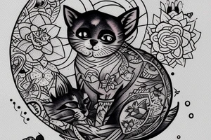 Wide Eyed Kitten sitting on the Moon, thw Moon is made out of  cage tattoo idea
