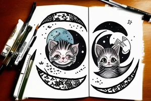 Wide Eyed Kitten sitting on the Moon, thw Moon is made out of  cage tattoo idea