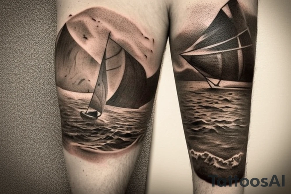 Create a brown ink tattoo design in a landscape orientation, meant to be placed on a shoulder blade. The tattoo should depict Odysseus, the legendary Greek hero, standing confidently on his ship as it sails through the sea. The scene should evoke a sense of adventure and cunning, characteristic of Odysseus. In the background, a large, ominous shadow of a Cyclops looms, symbolizing the challenges and dangers faced during his journey. The design should have an ancient Greek aesthetic, with intricate details on the ship and Odysseus' attire. tattoo idea