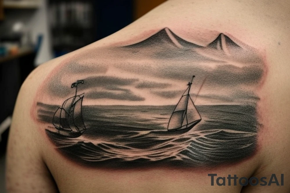 Create a brown ink tattoo design in a landscape orientation, meant to be placed on a shoulder blade. The tattoo should depict Odysseus, the legendary Greek hero, standing confidently on his ship as it sails through the sea. The scene should evoke a sense of adventure and cunning, characteristic of Odysseus. In the background, a large, ominous shadow of a Cyclops looms, symbolizing the challenges and dangers faced during his journey. The design should have an ancient Greek aesthetic, with intricate details on the ship and Odysseus' attire. tattoo idea